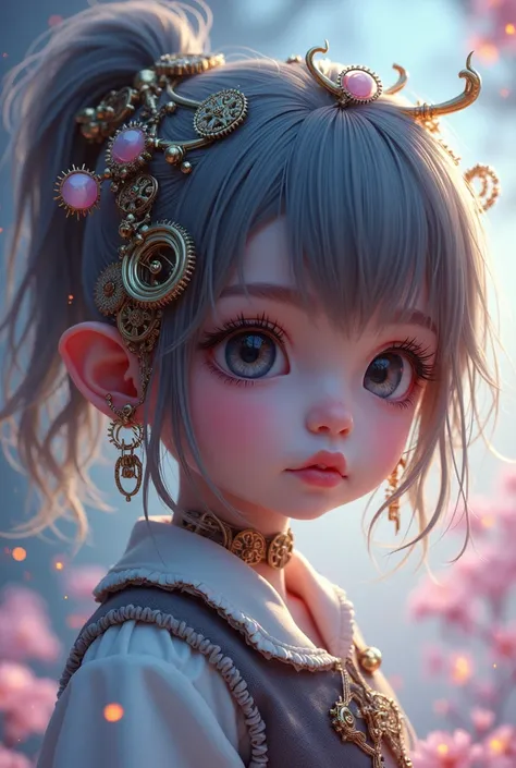 a surreal steampunk anime dreamlike child in a fantasy rpg scenario, detailed face with beautiful eyes, detailed lips, long eyelashes, intricate mechanical gears, glowing ethereal lights, pastel colors, cinematic lighting, fantasy landscape, (best quality,...