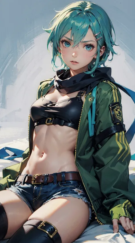 1girl, sinon, sword art online, short hair, aqua hair, aqua eyes, scarf, fingerless gloves, long sleeves,micro denim shorts, hair ornament, hairclip, green thighhighs, green jacket, thigh strap, serious, lie on one’s stomach, (masterpiece:1.2), (best quali...