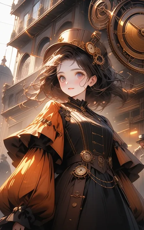 "Daily life in a steampunk sky city"
prompt: "Hyper-detailed nano-textured steampunk attire in 8K resolution, showcasing intricate gear and clockwork patterns and vibrant brass and copper colors. The scene features residents of a floating Victorian-inspire...