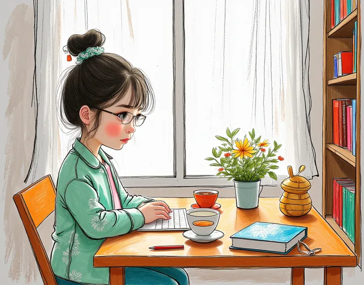 1 Girl，Wearing light green shirt with white flowers，Wearing glasses and looking at the screen，There are books and stationery on the desk，A cup of tea，There are flowers on the windowsill，Hollow tulle curtains，There is a bookcase next to it.，The sunlight shi...