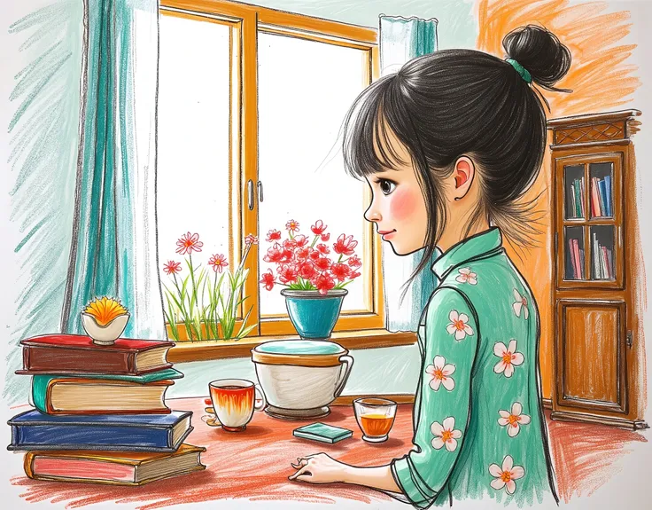 1 Girl，Wearing light green shirt with white flowers，Wearing glasses and looking at the screen，There are books and stationery on the desk，A cup of tea，There are flowers on the windowsill，Hollow tulle curtains，There is a bookcase next to it.，The sunlight shi...