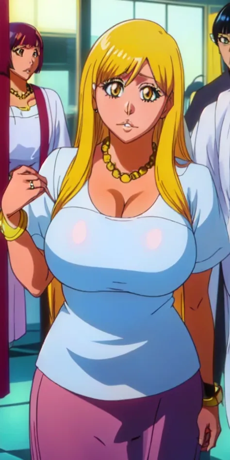 Orihime Inoue,Bleach artstyle,Big breast,Enchanted big breast,Tanned skin,Thick lips,Eyelash,Big Hoopa earring,Gold chain necklace,Circle piercing in lips,White school uniform,Cleavage,gray skirt,Curvy figure,Plump,Hoopa bracelet,Mature,Milf,yanmama,Long n...