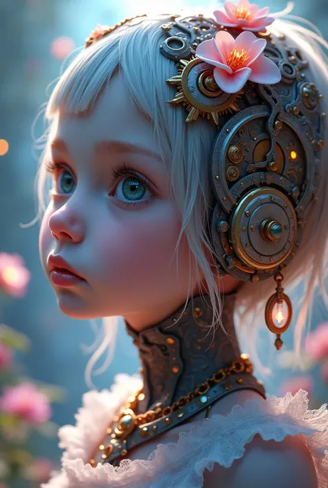 a surreal steampunk anime dreamlike child in a fantasy rpg scenario, detailed face with beautiful eyes, detailed lips, long eyelashes, intricate mechanical gears, glowing ethereal lights, pastel colors, cinematic lighting, fantasy landscape, (best quality,...