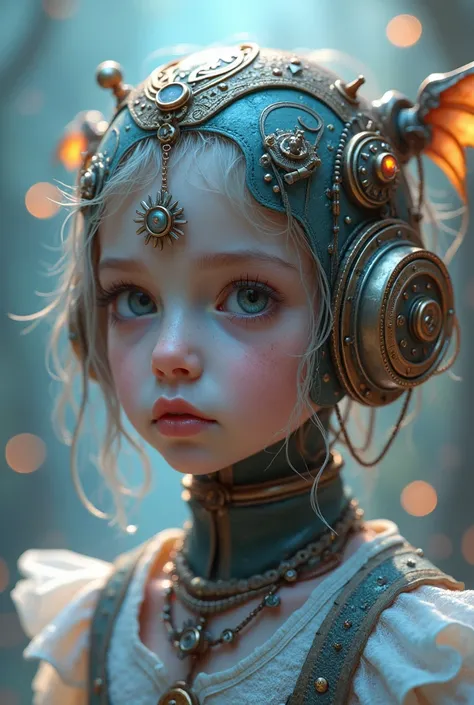 a surreal steampunk anime dreamlike child in a fantasy rpg scenario, detailed face with beautiful eyes, detailed lips, long eyelashes, intricate mechanical gears, glowing ethereal lights, pastel colors, cinematic lighting, fantasy landscape, (best quality,...