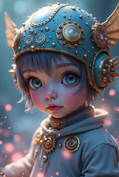 a surreal steampunk anime dreamlike child in a fantasy rpg scenario, detailed face with beautiful eyes, detailed lips, long eyelashes, intricate mechanical gears, glowing ethereal lights, pastel colors, cinematic lighting, fantasy landscape, (best quality,...