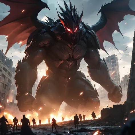 masterpiece, Group of superheroes fighting against an army of flying demons, in the background a destroyed city, cinematic lighting, anime style, high quality