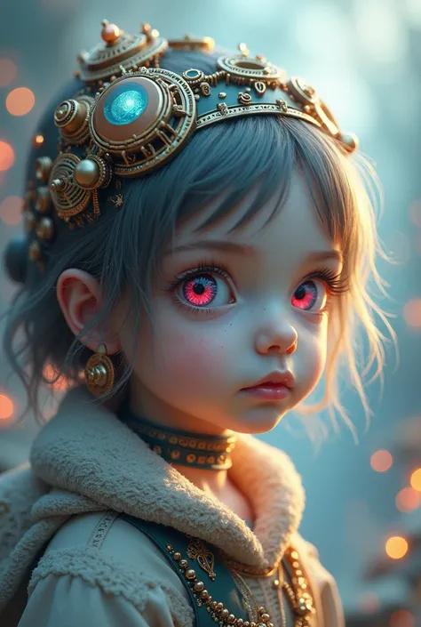 a surreal steampunk anime dreamlike child in a fantasy rpg scenario, detailed face with beautiful eyes, detailed lips, long eyelashes, intricate mechanical gears, glowing ethereal lights, pastel colors, cinematic lighting, fantasy landscape, (best quality,...