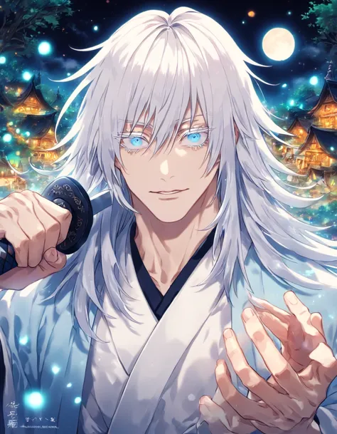 absurdres, highres, ultra detailed, HDR, master piece, best quality, detailed eyes, Gojou Satoru, white hair, long hair, expressive blue eyes, white eyelashes, Jujutsu Kaisen, solo, sexy man, handsome, adult face, mature man, he is holding a katana with hi...