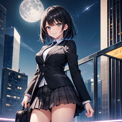 (Best Quality),One high school girl、Black Eyes、Short black hair、smile、Small breasts、blazer、Black regular tie、black plaid mini skirt,Military handbag、Ready your gun?、Futuristic city、Night sky with moon、From below、Dynamic Angle