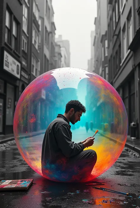 An artist locked in his bubble in a city, in black and white and bright colors in the bubble
