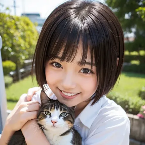 beautiful girl, Japanese, High school girls, Shy laugh, Short Hair, Playing with cats, Close-up