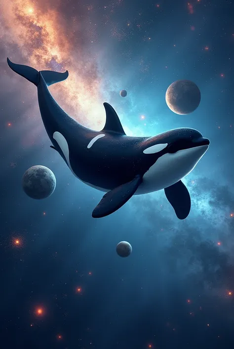 A bright and fantastical world with a killer whale swimming among the stars and planets shining in space