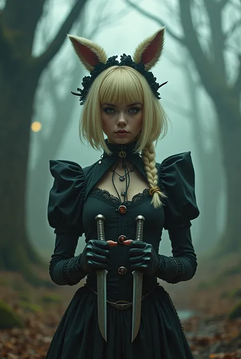 (masterpiece), (High resolution), (Full body portrait), （Cyberpunk）、Blonde、Alice in Wonderland motif、 Dark Atmosphere, Creepy Appearance, Distinctive hairstyle, Creative Accessories, Unique atmosphere,A Little Nightmare、Holding a knife in each hand
