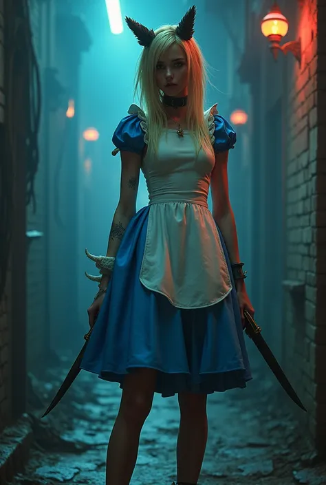 (masterpiece), (High resolution), (Full body portrait), （Cyberpunk）、Blonde、Blue and white outfit、Alice in Wonderland motif、 Dark Atmosphere, Creepy Appearance, Distinctive hairstyle, Creative Accessories, Unique atmosphere,A Little Nightmare、Holding a knif...