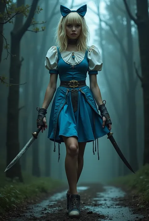 (masterpiece), (High resolution), (Full body portrait), （Cyberpunk）、Blonde、Blue and white outfit、Alice in Wonderland motif、 Dark Atmosphere, Creepy Appearance, Distinctive hairstyle, Creative Accessories, Unique atmosphere,A Little Nightmare、Holding a knif...