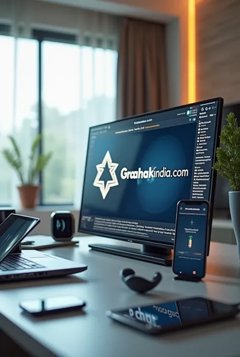 Scene: A sleek, modern home setup with all the tech gadgets in action—laptop, smartphone, smart TV, smart watch, and more. The logo of GraahakIndia.com appears on the screen.]