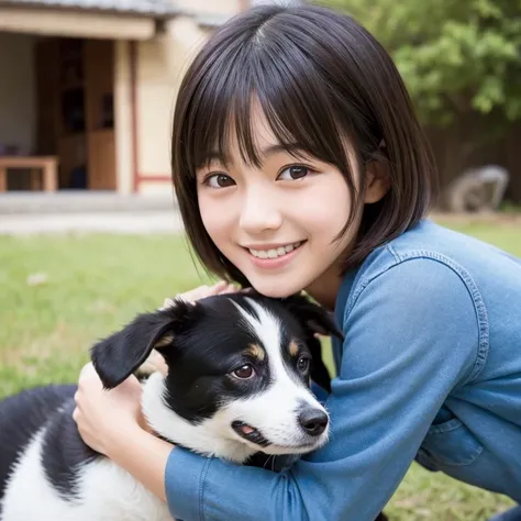 beautiful girl, Japanese, High school girls, Shy laugh, Short Hair, Playing with dogs, Close-up