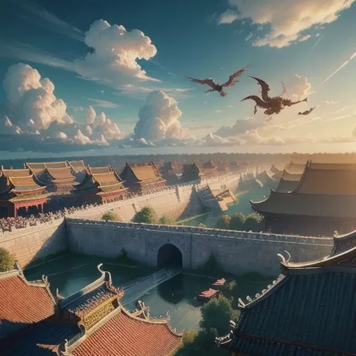 A scene of the Nine-Dragon Wall from the Forbidden City, where dragons with serpentine bodies and no wings emerge from the wall, twisting and flying into the air. Their long forms are coiling gracefully through the sky, surrounded by swirling clouds and in...