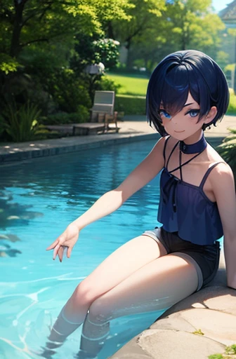 masterpiece, best quality, 1girl, blue skin, short hair, smile, v-shaped eyebrows, shorts, sleeveless shirt, park, solo, rating_safe