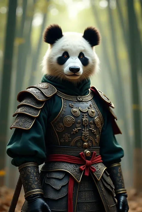 A female panda general, ancient Chinese soldier saluting, detailed military uniform, intricate armor, panda bear head, detailed facial features, ornate military decorations, ancient Chinese landscape, lush bamboo forest, dramatic lighting, cinematic compos...