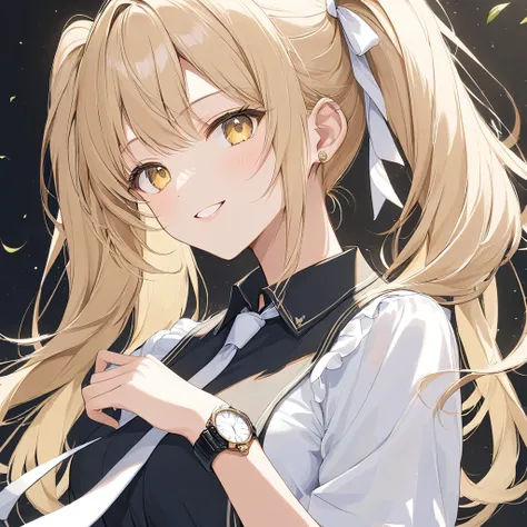 One woman,pastel,Blonde,Twin tails,Leave a hair behind,Yellow Eyes,A gentle smile,Wear a black shirt,White tie,Side Angle Masterpiece,Best Quality,Exquisite,8k,Absurd,Ultra-detailed illustrations,(Watch the audience)