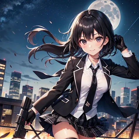 (Best Quality),One high school girl、Black Eyes、Short black hair、smile、Small breasts、blazer、Black regular tie、black plaid mini skirt,Machine Gloves、Hold a gun、City in Ruins、Night sky with moon、Dynamic Angle、Panty shot