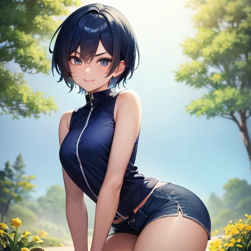 masterpiece, best quality, 1girl, blue skin, short hair, smile, v-shaped eyebrows, shorts, sleeveless shirt, park, solo, rating_safe