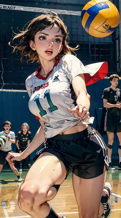 a high school volleyball player jumping for a kill on the court, her eyes showing and a white and green tennis ball, volleyball, blue eyes, breasts, short hair, brown hair, teeth, sweat, volleyball uniform, sportswear, clenched teeth, shorts, shirt, large ...