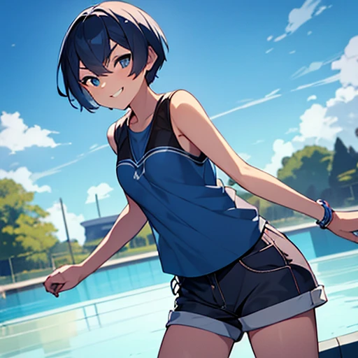 masterpiece, best quality, 1girl, blue skin, short hair, smile, v-shaped eyebrows, shorts, sleeveless shirt, park, solo, rating_safe