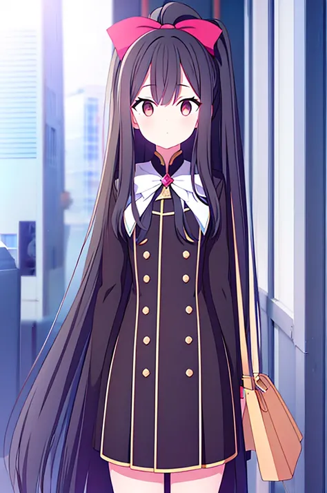 hair length about 5 meters girl long_hair black_hair tall black_uniform highschool 1girl high ponytail super long hair long hair