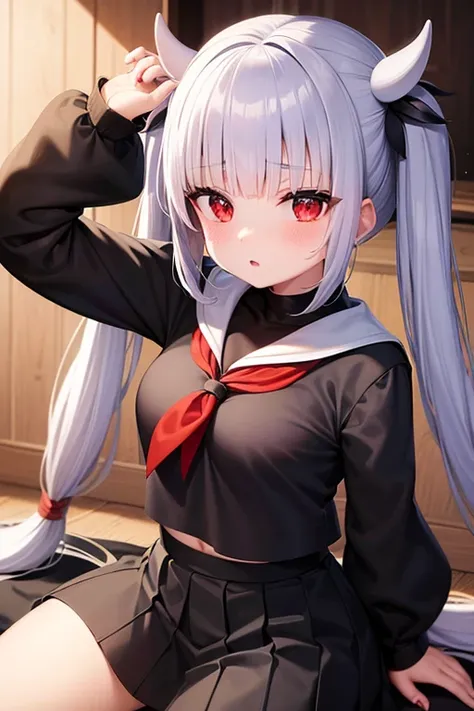 Kanna kamui, black sailor shirt, black skirt, busty, red eyes