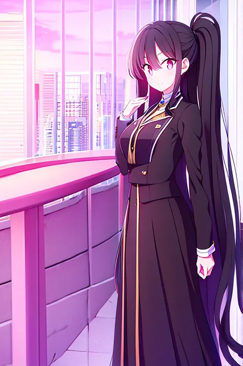 hair length about 5 meters girl long_hair black_hair tall black_uniform highschool 1girl high ponytail super long hair long hair