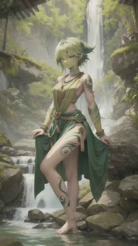 Woman with green hair and green skin，indian clothing，Full body tattoo，short man，Bare arms，Bare waist，Bare Legs，barefoot，Mountain stream