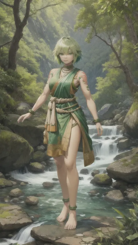 Woman with green hair and green skin，indian clothing，Full body tattoo，short man，Bare arms，Bare waist，Bare Legs，barefoot，Standing，Mountain stream