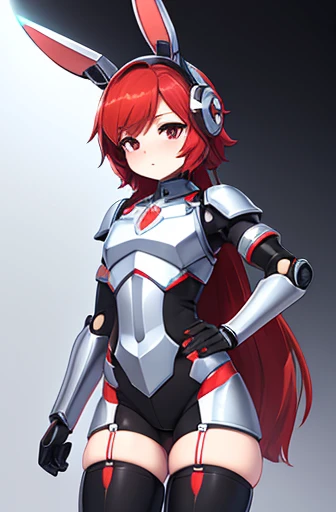 a cute petite red hair femboy robot wearing a robotic helmet with long and big robotic rabbit ears and wearing black transparent thigh highs and a bunny suit with armor plates on the hips, thighs, chest and shoulders, (masterpiece, high quality detailed)