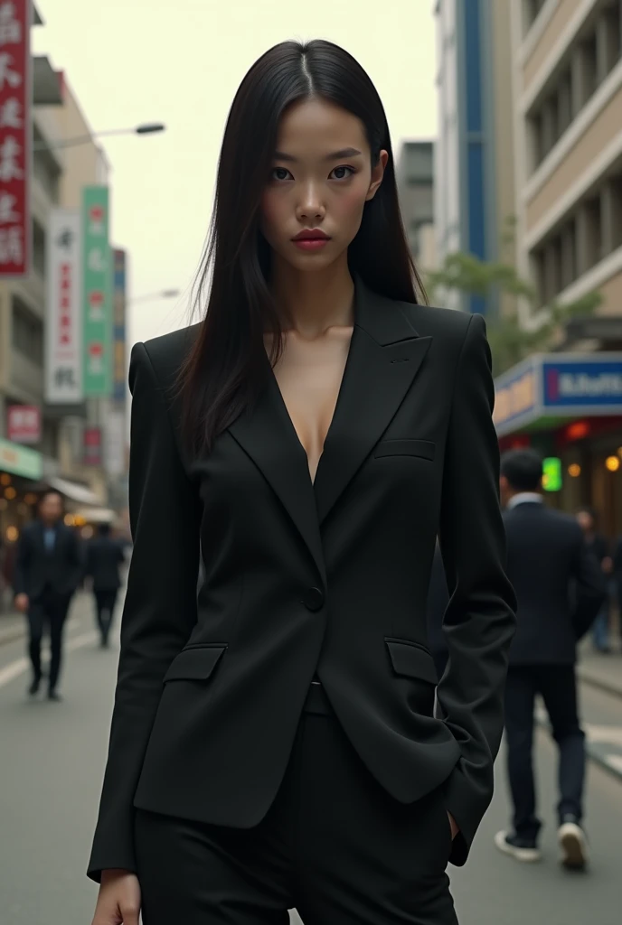 Indonesian fashion streetStanding, legs are open、shining white skin、(serious facial expression:1.5), (Black business suit:1.4), (((Full body like)))、((masuter piece))、 super fine face and eyes，thin and long legs, Straight long hair, Colossal 