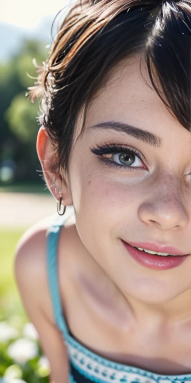 Photo of a  European girl, .RAW, beautiful woman,freckles on cheeks and chest ,beautiful blue eyes(Light brown hair pixie haircut),pixie hair cut ((portrait)), ((detailed face:1.2)), ((Detailed facial features)), (finely detailed skin) ,cute makeup, Purple...