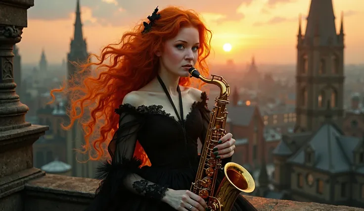 Vampire girl with pale skin, bright red ginger curly hair, dressed in a gothic black dress, plays saxophone on rooftop in gothic city, at dawn. Vampire girl breaks into many flaming flames.