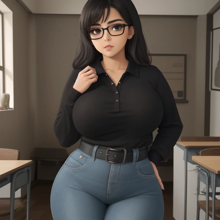 A cute petite short skinny slightly curvy emo mexican girl, hair covering half face, one wearing glasses, beautiful detailed brown eyes, cutely detailed lips, extremely cute detailed eyes and face, busty, voluptuous breasts, deep cleavage, wide curvy pears...