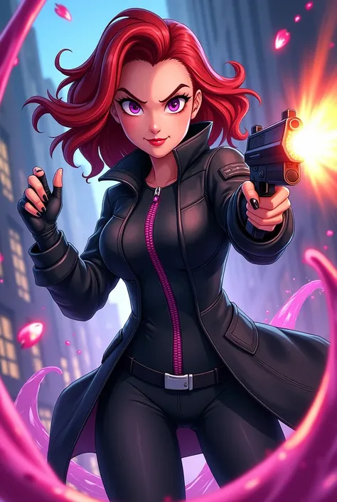 From Marvel in Disney Infinity style Anime-style Black Widow villain fights with gun and slime. Cheeky My Evil – Black Jacket with Pink Zipper