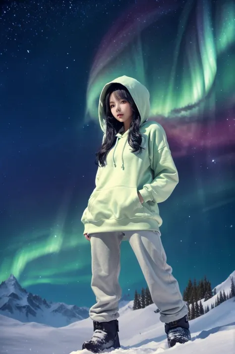 best quality, 8k, very delicate and beautiful, highly detailed face and skin texture, shiny skin, high resolution, beautiful japanese girl in hoodie stand in a snow hill at midnight with aurora sky, sharp focus