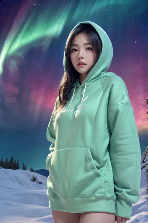 best quality, 8k, very delicate and beautiful, highly detailed face and skin texture, shiny skin, high resolution, beautiful japanese girl in hoodie stand in a snow hill at midnight with aurora sky, sharp focus