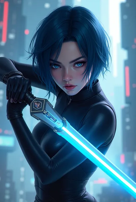 Dark blue hair girl with blue eyes and a futuristic sword