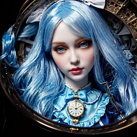 close up of doll with long hair and watch, like alice in wonderland, , ball jointed doll, Alice in Wonderland Style, artdoll, she has pale blue skin!!!, Alice from Alice in Wonderland, inspired by Alice Prin, pale porcelain white skin, Portrait of Alice in...