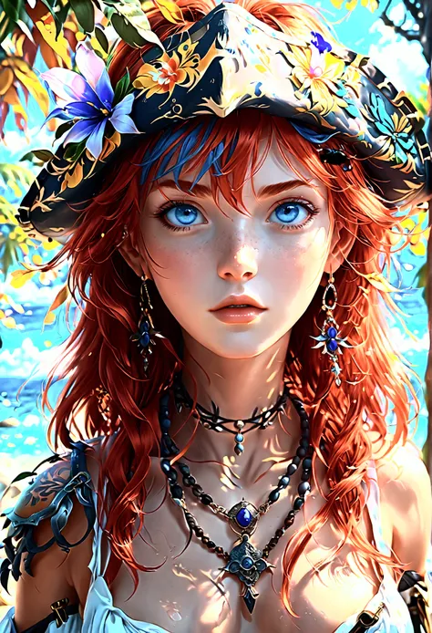 anime, (((portrait of daw))), a woman, (((a red hair))), (((blue eyes))), (((female pirate)), 8k, unreal engine, octane render, by kyun, gamang, Yoon Gon-Ji, g.ho, gosonjak, shuroop, serious, domi, noah, trending on pixiv, fanbox, skeb, masterpiece, smooth...