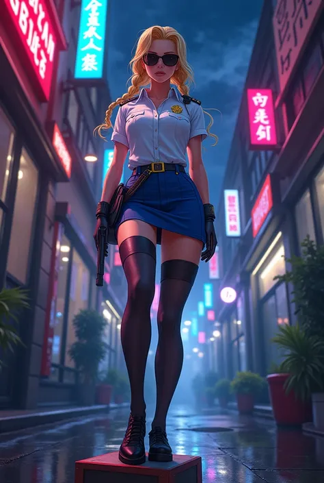 Character cammy,blue tight mini skirt,white police shirt, tight shirt,big tits,dark glasses, left foot stepping on a box, anime style,blonde hair with two braids, Black stockings,short sleeve, in an alley, neon lights, Night background