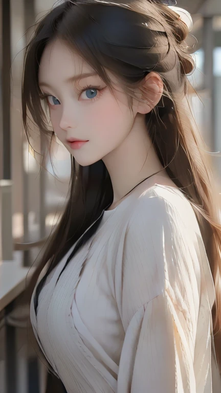 High resolution, masterpiece, necessary, The best quality,anime, beautiful and adorable albino pale skin girl, tender crystal blue eyes, very long hair, pointed bangs,Big giant breasts, Wide hips,slanted eyes,gentle, Big hair bun behind the head, black ele...