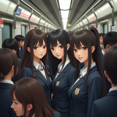 (Live-Action, Real), (Exposed:0.44), A Jam-packed women-only train on the Yamanote Line, ExtermlyDetaild Sexy Girls Standing in a row, Adorable face, Hourglass-Shape Body, photorealistic, best quality, 8k, high res, masterpiece, ultra-detailed, realistic, ...