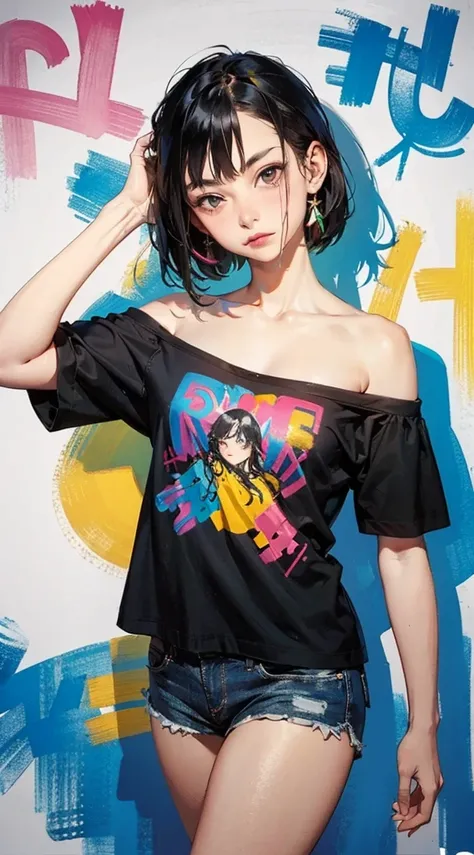 Graffiti on the walls, gangster fashion, alphabet, pop, 
girl, facial expression, pose angle, scene situation, flat illustration, 
(masterpiece:1.2), (best quality:1.2), newest, intricate details, colorful, vivid, 
loose t shirt, off-shoulder, shorts, 