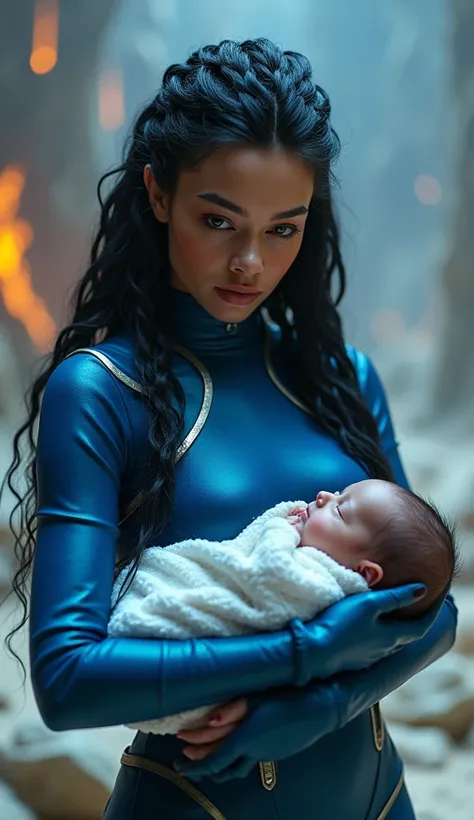 A beautiful (Christina Chong beautiful face, narrowed eyes. smirk. black braided hair,)  a smirk and black braided hair, wearing a blue latex uniform from star trek next generation nurse, holding a newborn baby and breastfeeding it, high quality , extremel...